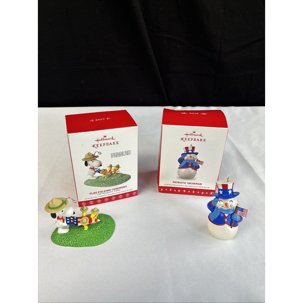Hallmark Keepsake Ornaments 2017 Flag Folding Peanuts 2016 Patriotic Snowman Set